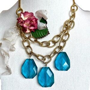 Gold Chunky Chain Necklace Large Teal Faceted Pendants Bold Layered Bib Style